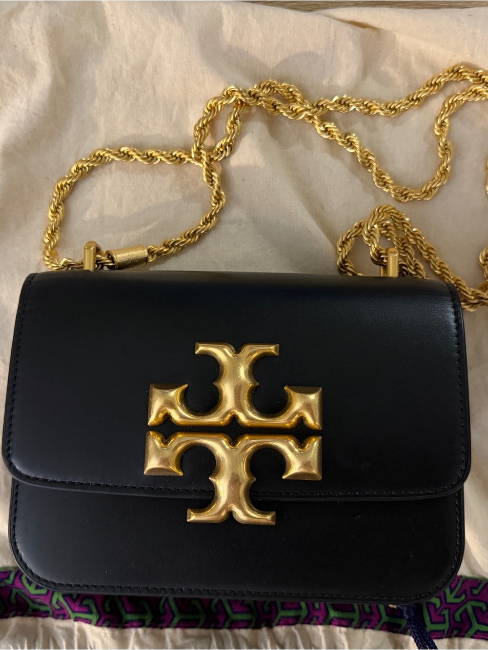 Tory Burch Black Leather Crossbody with Gold Logo Chain